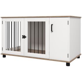 2-In-1 Dog Crate Table w/ Double Doors and Storage, Dog Cage for Medium and Large-sized Dogs, Walnut and White