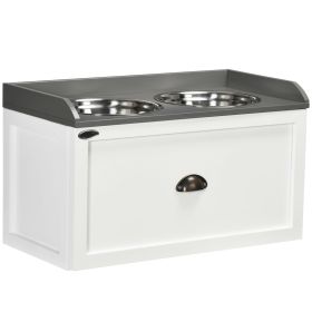 Raised Pet Feeder, Storage Drawer, 2 Steel Bowls, White