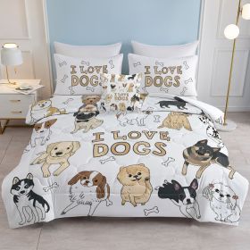 FULL SIZE Dogs Comforter Set, Cute Multi-Breed Dog Print Quilt Set, Pet Dog Lover Bedding with Pillow Shams, Cartoon Puppy Bedspread for Kids & Adults