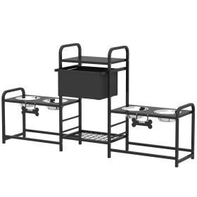 3 Height Adjustable Dog Bowl Stand with 2 Feeding Stations, Toy Bin Basket