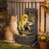 22" Outdoor Fountain with 3-Tier Puppy Theme, Resin Garden Fountain with LED Lights, Adjustable Flow, Rustic Brown