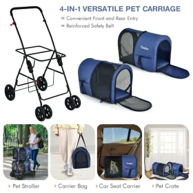 4-in-1 Double Pet Stroller with Detachable Carrier and Travel Carriage (Color: Blue)