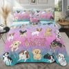 Dog Bone Print Comforter Set Puppy Bedding Set for Kids Girls Boys Watercolor Bed Set Dog Lover Gifts Blue Purple Pink (4 Piece)