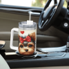 1pc Cute Bow Yorkshire Terrier Tumbler, Floral Printed Stainless Steel Car Cup, Adorable Pet Water Bottle for Dog Lovers, Portable Girly Travel Mug