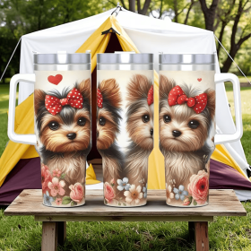 1pc Cute Bow Yorkshire Terrier Tumbler, Floral Printed Stainless Steel Car Cup, Adorable Pet Water Bottle for Dog Lovers, Portable Girly Travel Mug (Capacity: 40oz, Color: White)