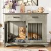 44.48" Large Dog Crate Furniture, Indoor Wooden Dog Kennel End Table with 2 Storage Drawers and Rotating Bowls