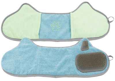 2-in-1 Hand-Inserted Microfiber Pet Grooming Towel and Brush (Color: Blue / Aqua)