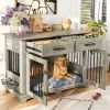 44.48" Large Dog Crate Furniture, Indoor Wooden Dog Kennel End Table with 2 Storage Drawers and Rotating Bowls
