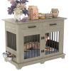 44.48" Large Dog Crate Furniture, Indoor Wooden Dog Kennel End Table with 2 Storage Drawers and Rotating Bowls